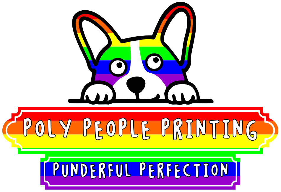 Poly People Printing - Punderful Perfection logo featuring rainbow corgi mascot